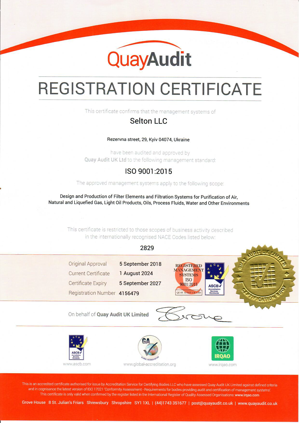 Certificate ISO-9001:2015 Selton LLC